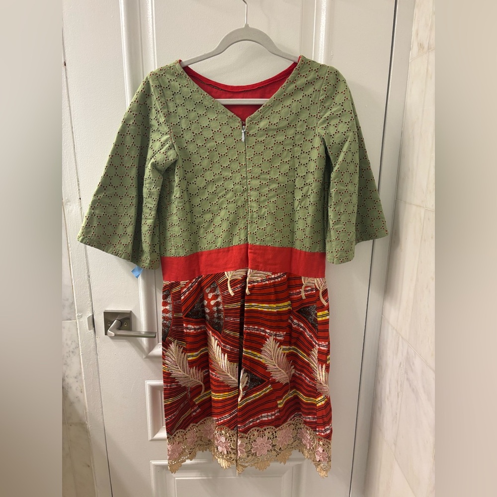 Handmade Sage Green & Bright Red Patterned Dress - Picture 3 of 7